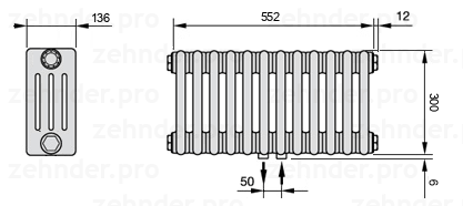 Схема (чертеж) Радиатор Zehnder Charleston 4030/12 №5410 Белый глянцевый RAL 9016